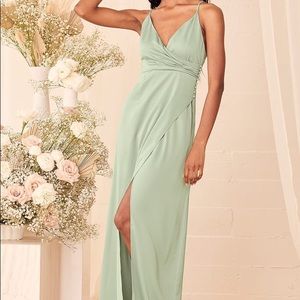 Lulus • Outstanding Elegance Sage Green Satin Surplice Maxi Dress